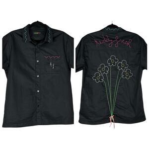 Teddy Fresh Shirt Mens Button Up Shirt Embroidered Bouquet Daisy Black Size S